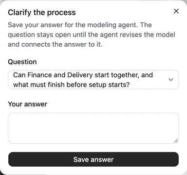 The review asks whether Finance and Delivery start together and what must finish before setup starts.